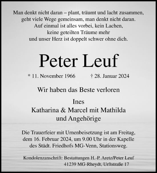 Traueranzeige von Peter Leuf von trauer.extra-tipp-moenchengladbach.de
