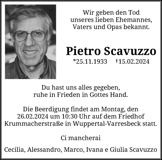 Traueranzeige von Pietro Scavuzzo von trauer.wuppertaler-rundschau.de