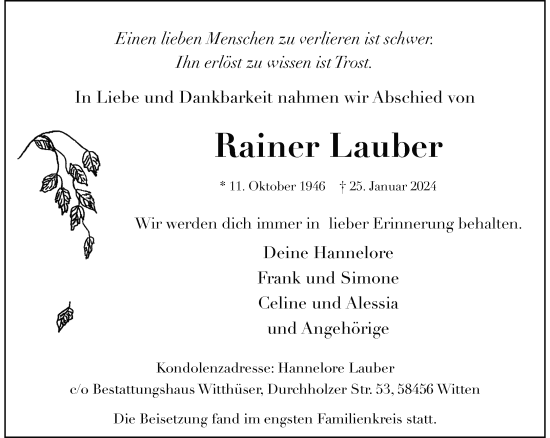 Traueranzeige von Rainer Lauber von trauer.wuppertaler-rundschau.de