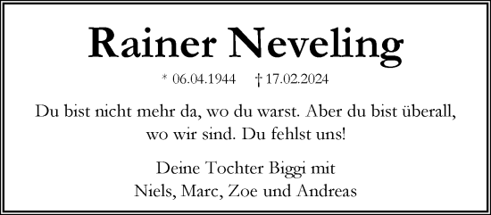 Traueranzeige von Rainer Neveling von trauer.wuppertaler-rundschau.de