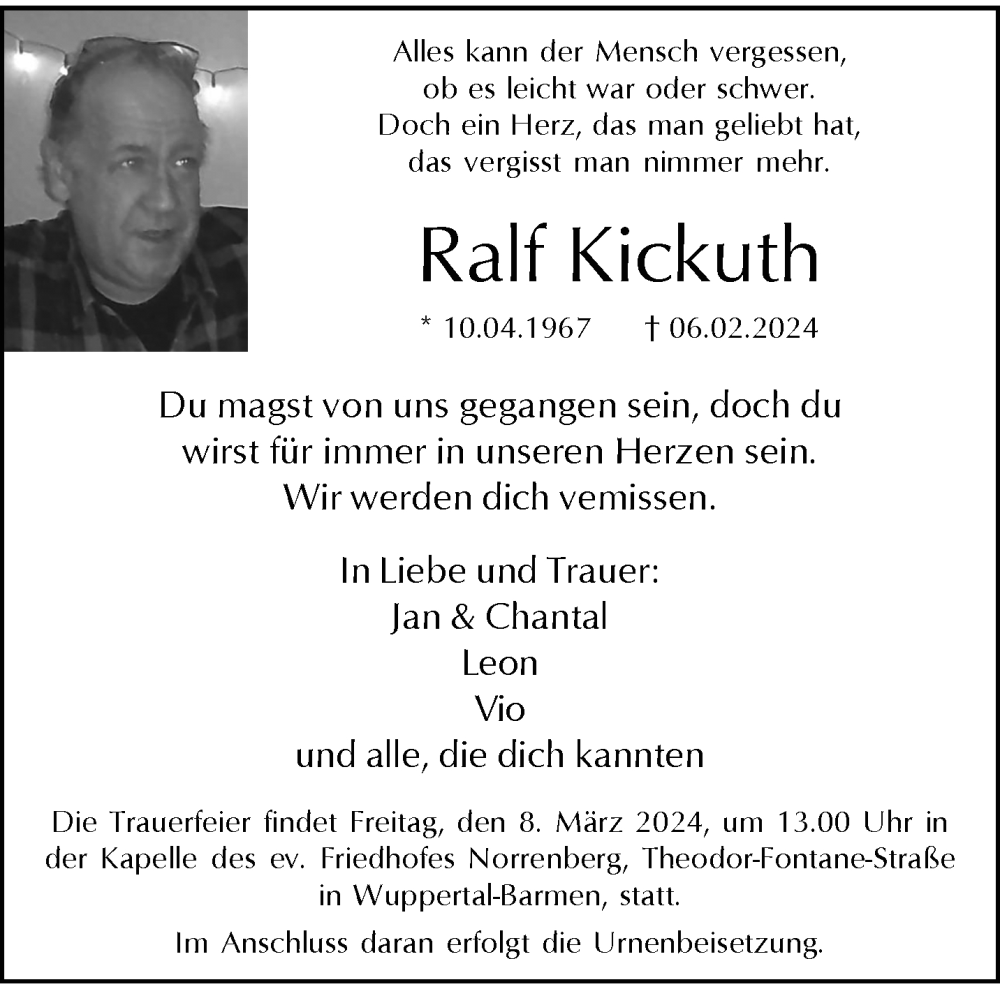  Traueranzeige für Ralf Kickuth vom 24.02.2024 aus trauer.wuppertaler-rundschau.de