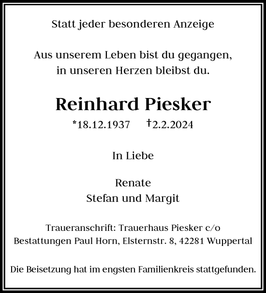 Traueranzeige von Reinhard Piesker von trauer.wuppertaler-rundschau.de