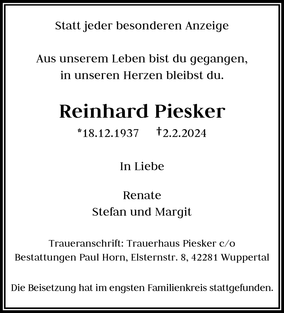  Traueranzeige für Reinhard Piesker vom 17.02.2024 aus trauer.wuppertaler-rundschau.de