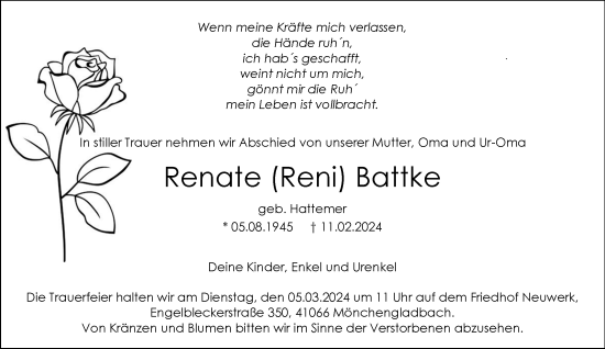 Traueranzeige von Renate Battke von trauer.extra-tipp-moenchengladbach.de