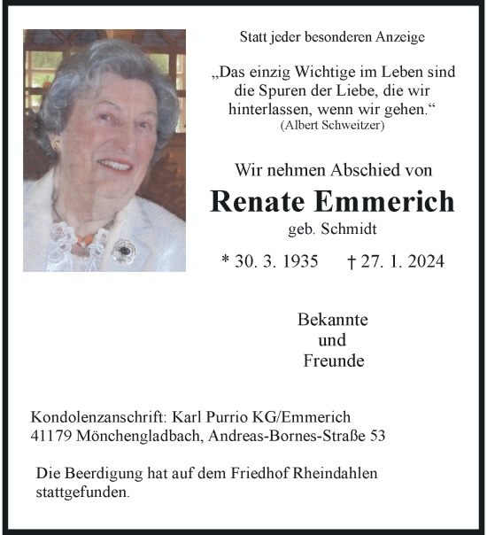 Traueranzeige von Renate Emmerich von trauer.extra-tipp-moenchengladbach.de