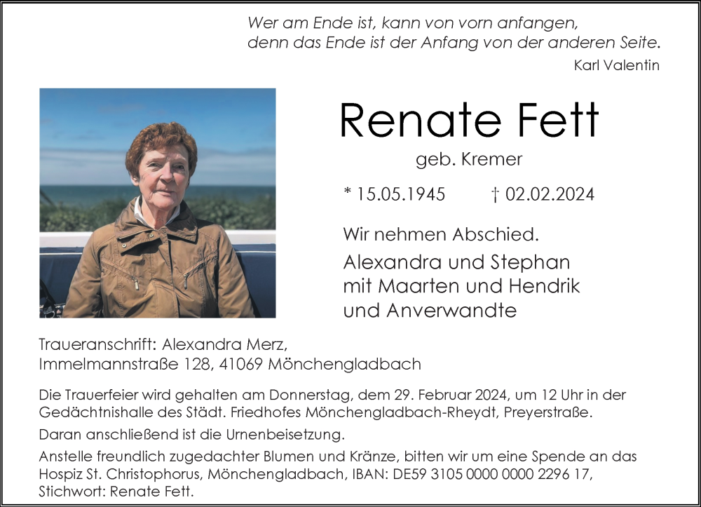  Traueranzeige für Renate Fett vom 18.02.2024 aus trauer.extra-tipp-moenchengladbach.de