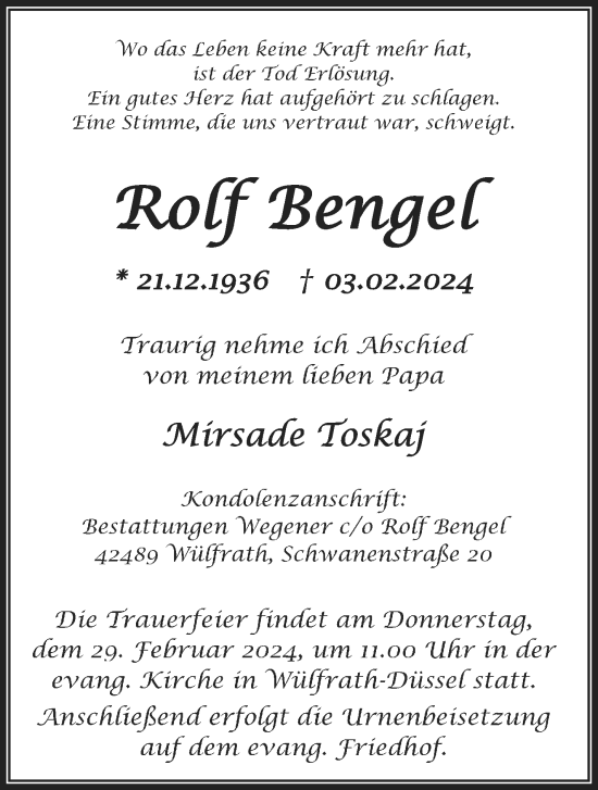 Traueranzeige von Rolf Bengel von trauer.wuppertaler-rundschau.de