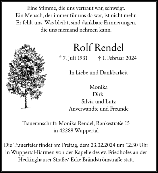 Traueranzeige von Rolf Rendel von trauer.wuppertaler-rundschau.de