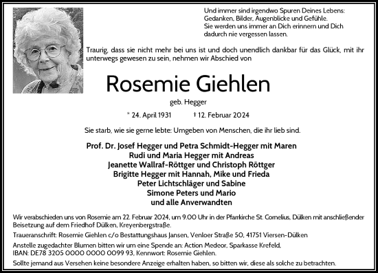 Traueranzeige von Rosemie Giehlen von trauer.extra-tipp-moenchengladbach.de