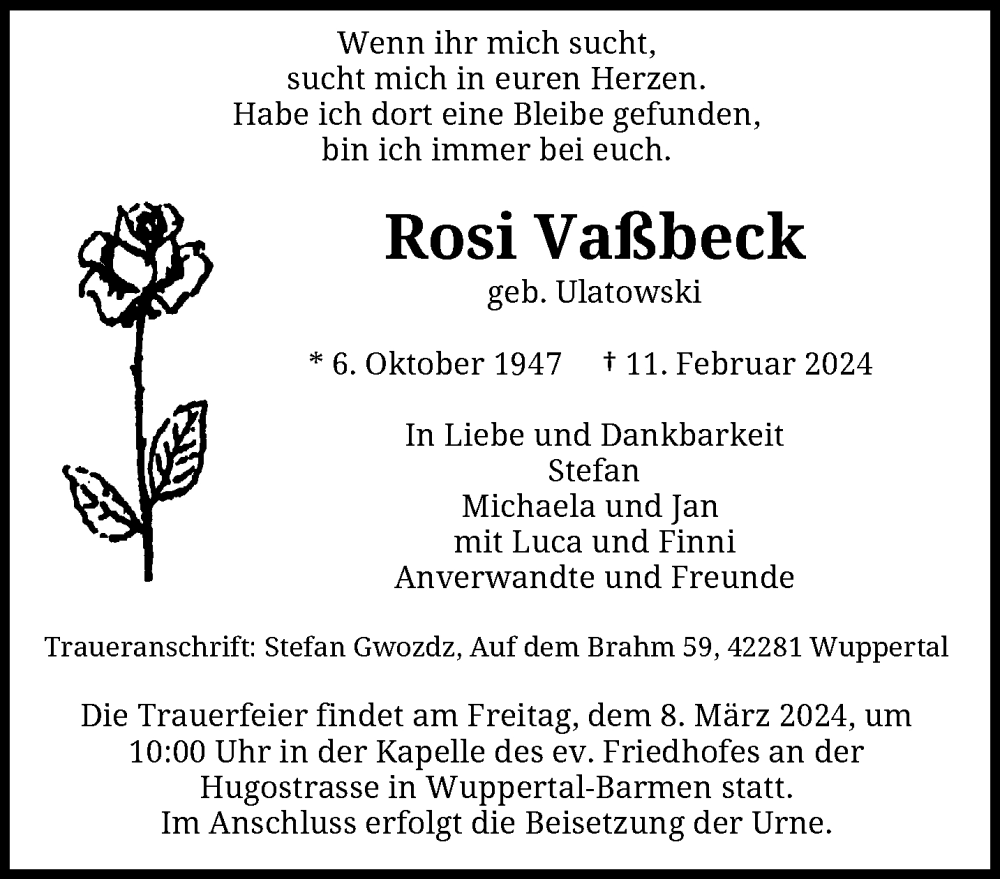  Traueranzeige für Rosi Vaßbeck vom 02.03.2024 aus trauer.wuppertaler-rundschau.de