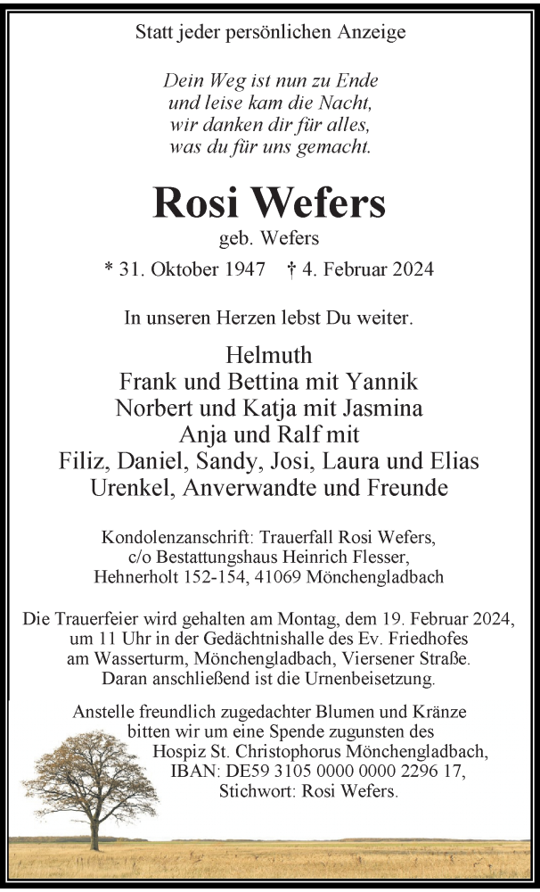 Traueranzeige für Rosi Wefers vom 11.02.2024 aus trauer.extra-tipp-moenchengladbach.de
