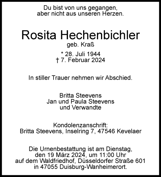 Traueranzeige von Rosita Hechenbichler von trauer.extra-tipp-moenchengladbach.de