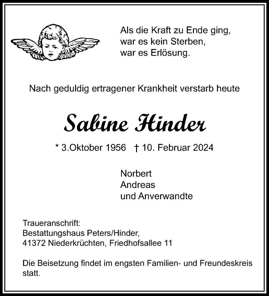  Traueranzeige für Sabine Hinder vom 18.02.2024 aus trauer.extra-tipp-moenchengladbach.de