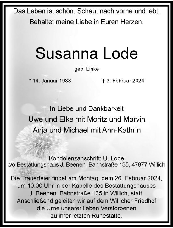 Traueranzeige von Susanna Lode von trauer.extra-tipp-moenchengladbach.de