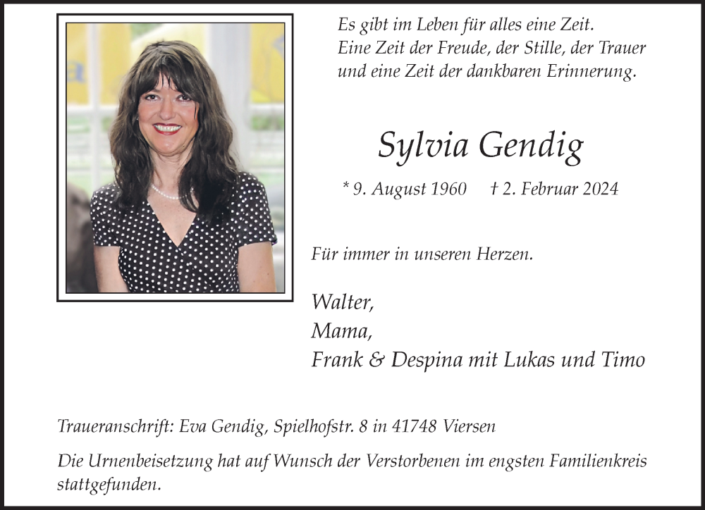  Traueranzeige für Sylvia Gendig vom 25.02.2024 aus trauer.extra-tipp-moenchengladbach.de