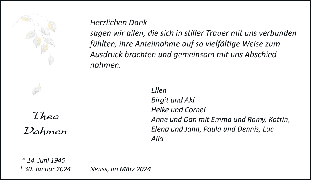  Traueranzeige für Thea Dahmen vom 02.03.2024 aus trauer.stadt-kurier.de
