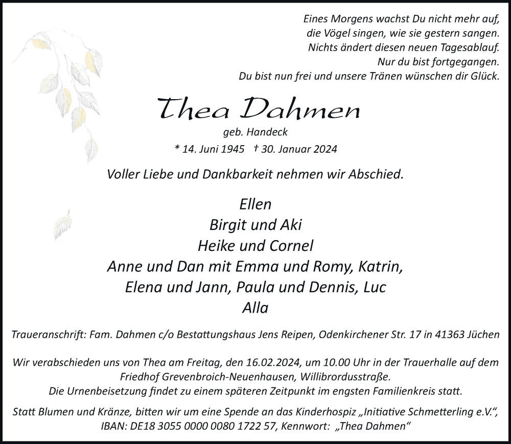  Traueranzeige für Thea Dahmen vom 10.02.2024 aus trauer.stadt-kurier.de