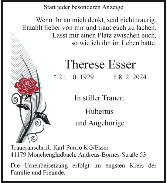 Traueranzeige von Therese Esser von trauer.extra-tipp-moenchengladbach.de
