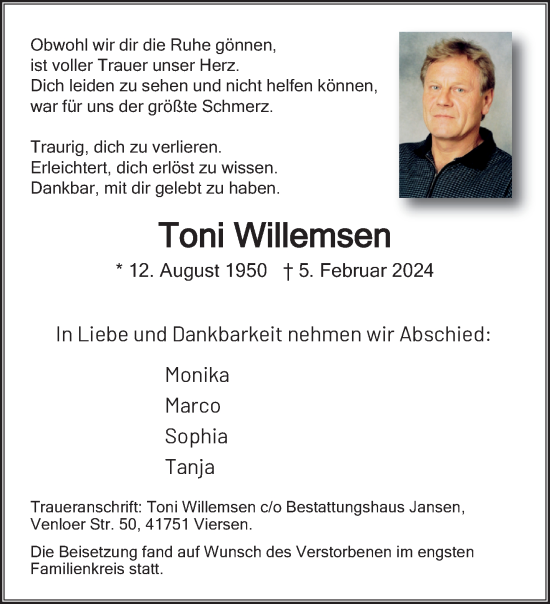 Traueranzeige von Toni Willemsen von trauer.extra-tipp-moenchengladbach.de