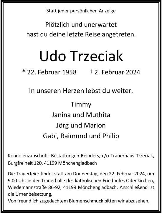Traueranzeige von Udo Trzeciak von trauer.extra-tipp-moenchengladbach.de