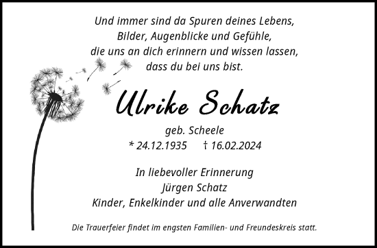 Traueranzeige von Ulrike Schatz von trauer.wuppertaler-rundschau.de