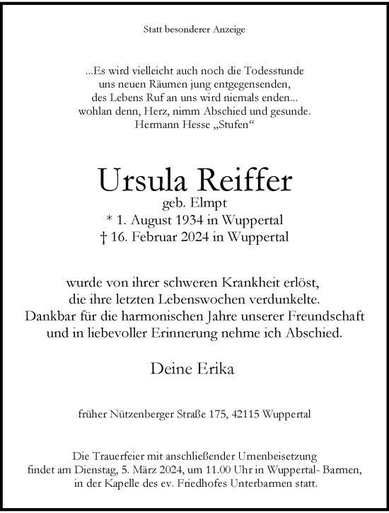 Traueranzeige von Ursula Reiffer von trauer.wuppertaler-rundschau.de