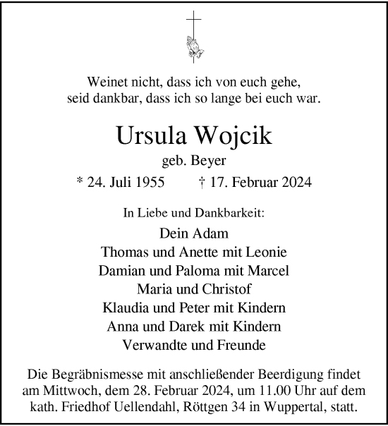 Traueranzeige von Ursula Wojcik von trauer.wuppertaler-rundschau.de
