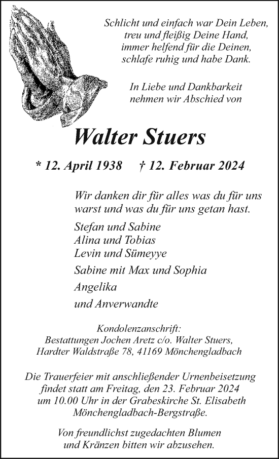 Traueranzeige von Walter Stuers von trauer.extra-tipp-moenchengladbach.de