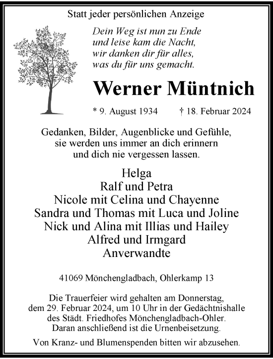 Traueranzeige von Werner Müntnich von trauer.extra-tipp-moenchengladbach.de