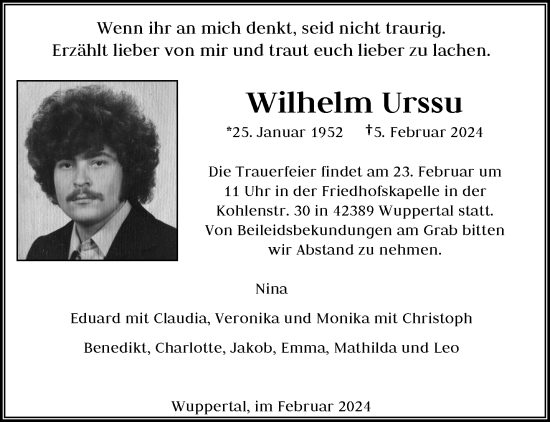 Traueranzeige von Wilhelm Urssu von trauer.wuppertaler-rundschau.de