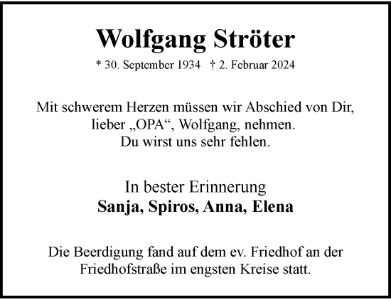 Traueranzeige von Wolfgang Ströter von trauer.wuppertaler-rundschau.de