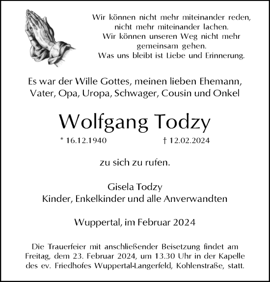 Traueranzeige von Wolfgang Todzy von trauer.wuppertaler-rundschau.de