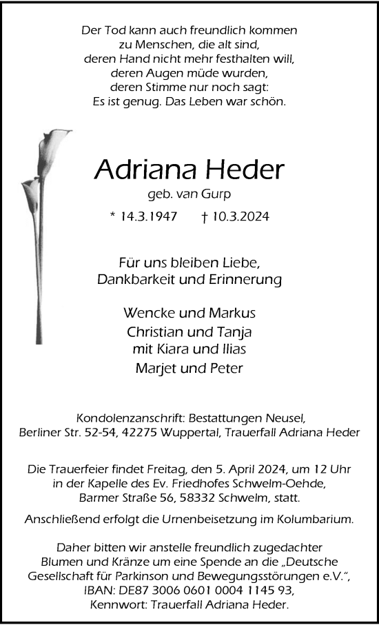 Traueranzeige von Adriana Heder von trauer.wuppertaler-rundschau.de