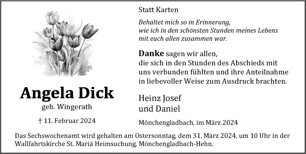  Traueranzeige für Angela Dick vom 24.03.2024 aus trauer.extra-tipp-moenchengladbach.de