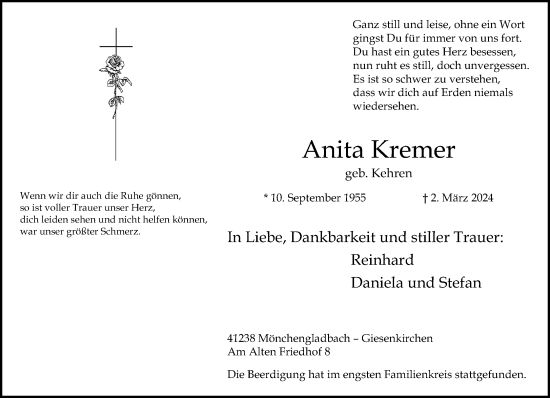 Traueranzeige von Anita Kremer von trauer.extra-tipp-moenchengladbach.de