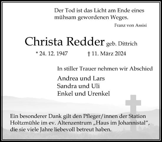 Traueranzeige von Christa Redder von trauer.extra-tipp-moenchengladbach.de