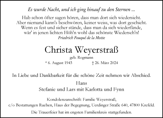 Traueranzeige von Christa Weyerstraß von trauer.extra-tipp-moenchengladbach.de