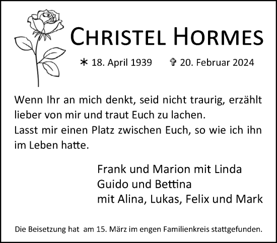 Traueranzeige von Christel Hormes von trauer.extra-tipp-moenchengladbach.de