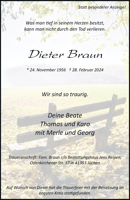 Traueranzeige von Dieter Braun von trauer.stadt-kurier.de