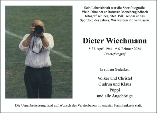 Traueranzeige von Dieter Wiechmann von trauer.extra-tipp-moenchengladbach.de