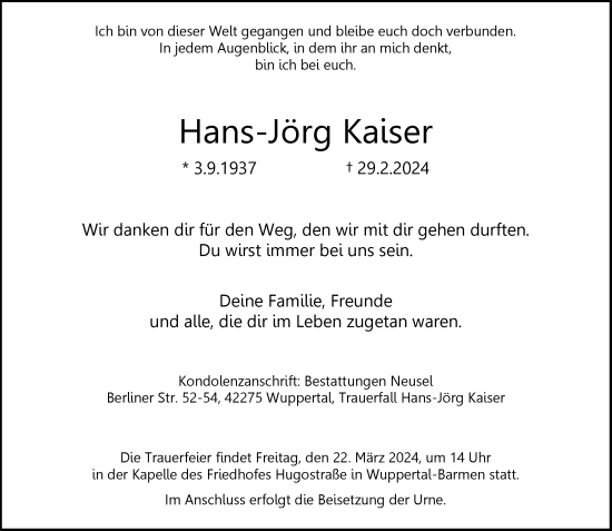 Traueranzeige von Hans-Jörg Kaiser von trauer.wuppertaler-rundschau.de