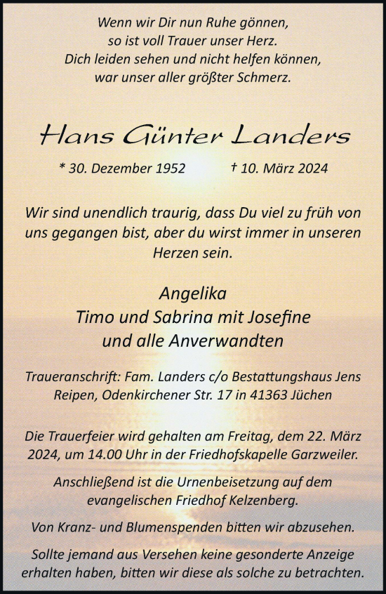 Traueranzeige von Hans Günter Landers von trauer.stadt-kurier.de
