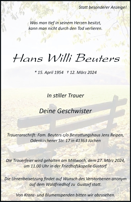 Traueranzeige von Hans Willi Beuters von trauer.stadt-kurier.de