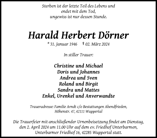 Traueranzeige von Harald Herbert Dörner von trauer.wuppertaler-rundschau.de