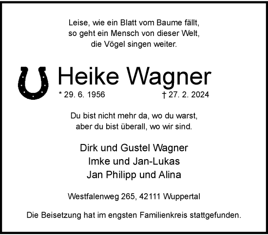 Traueranzeige von Heike Wagner von trauer.wuppertaler-rundschau.de