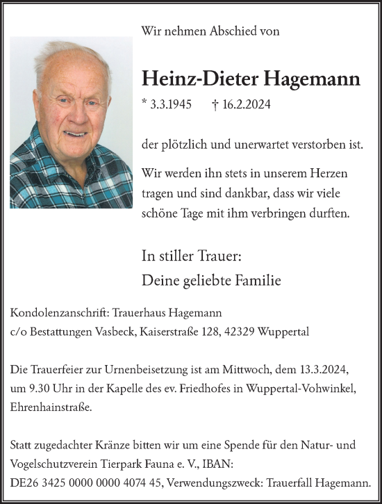 Traueranzeige von Heinz-Dieter Hagemann von trauer.wuppertaler-rundschau.de