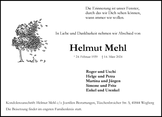 Traueranzeige von Helmut Mehl von trauer.extra-tipp-moenchengladbach.de