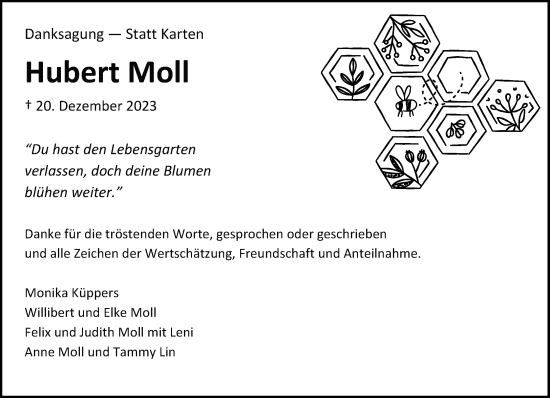 Traueranzeige von Hubert Moll von trauer.extra-tipp-moenchengladbach.de