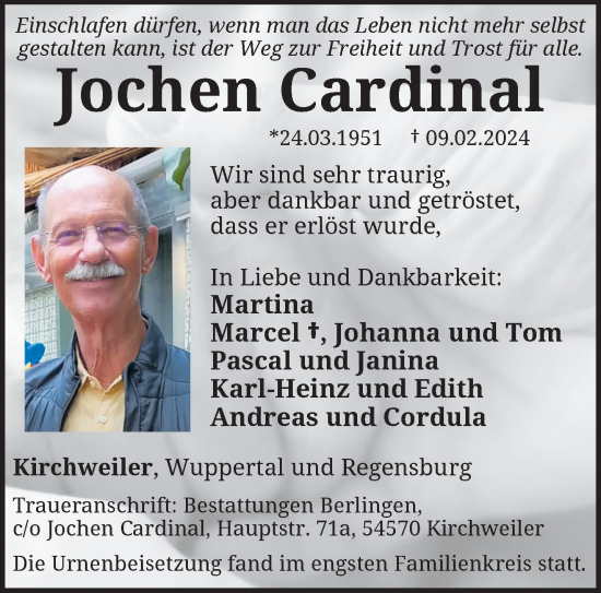 Traueranzeige von Jochen Cardinal von trauer.wuppertaler-rundschau.de