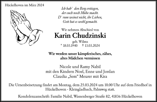 Traueranzeige von Karin Chudzinski von trauer.wuppertaler-rundschau.de